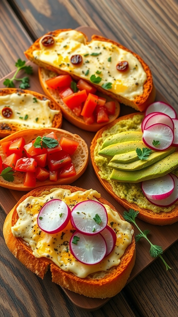 A colorful assortment of savory bread snacks including garlic cheese bread, bruschetta, and avocado toast on a rustic wooden table.